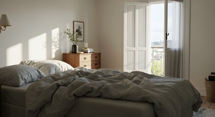A cozy bedroom with rumpled linen sheets, open window, and soft shadows – natural editorial aesthetic