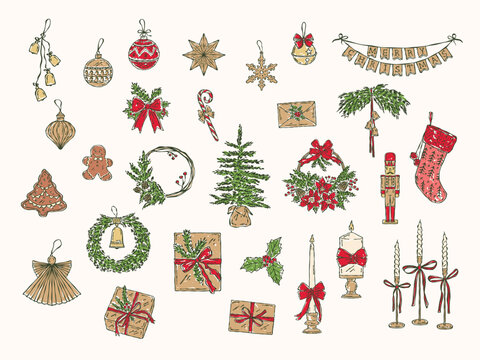 Hand-drawn, colorful vector doodle set of Christmas decorations, including gingerbread cookies, candles, wreaths, ornaments, bells, gifts, garlands, and festive elements