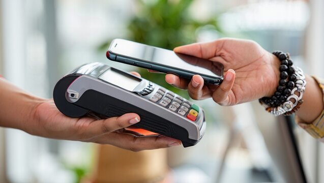 Mobile payment transaction at a modern cafe with a user-friendly payment terminal and smartphones in hand - Powered by Adobe