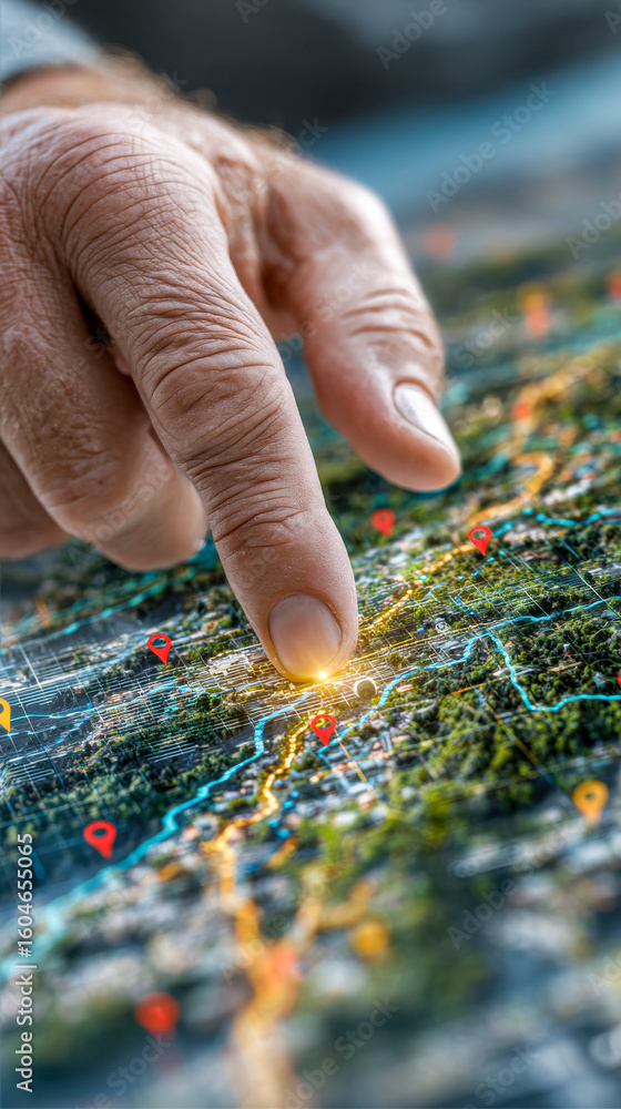 Poster a finger points to a glowing spot on a digital map filled with 3d location pins and network routes, 
