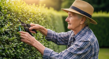 A senior woman in a straw hat gardening and trimming hedges with shears