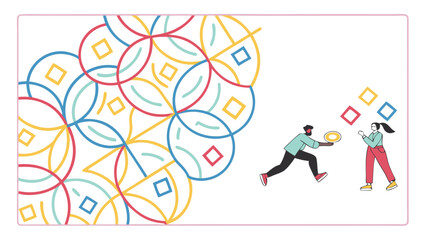 People playing with geometric shapes and a disc against a backdrop of colorful circle and square patterns