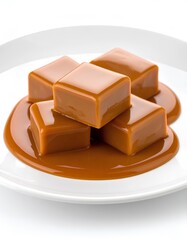 Toffee square with caramel on a white plate
