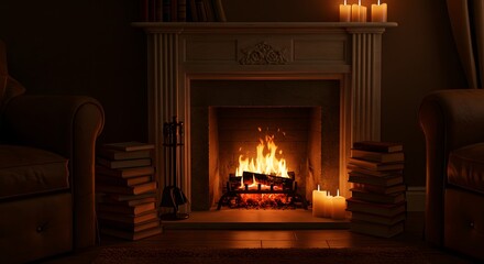 Fireplace with stacked books, candles, and warm tones in a moody interior – cozy editorial ambiance