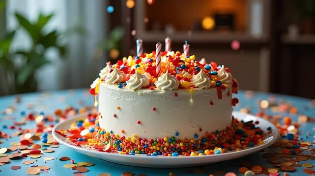 Celebrate the joy! Birthday cake with candles and confetti falling in festive celebration video