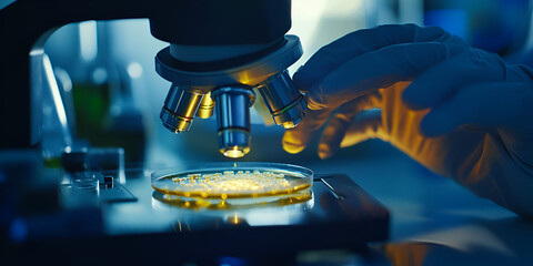 "Scientist in Laboratory Handling Petri Dish with Sample", "Scientist Using Microscope to Examine Petri Dish Sample", "Lab Worker Analyzing Biological Sample under Microscope"
