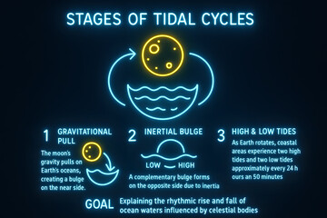Naklejka premium Tidal Cycle Stages Infographic Detailing High and Low Tides Driven by Gravitational Forces for Oceanography Education