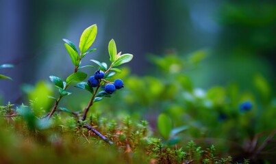 Vibrant Close-Up of a Branch with Ripe Blueberries and Green Leaves, Showcasing the Beauty of Nature and the Freshness of Wild Berries, Perfect for Food and Nature-Related Projects