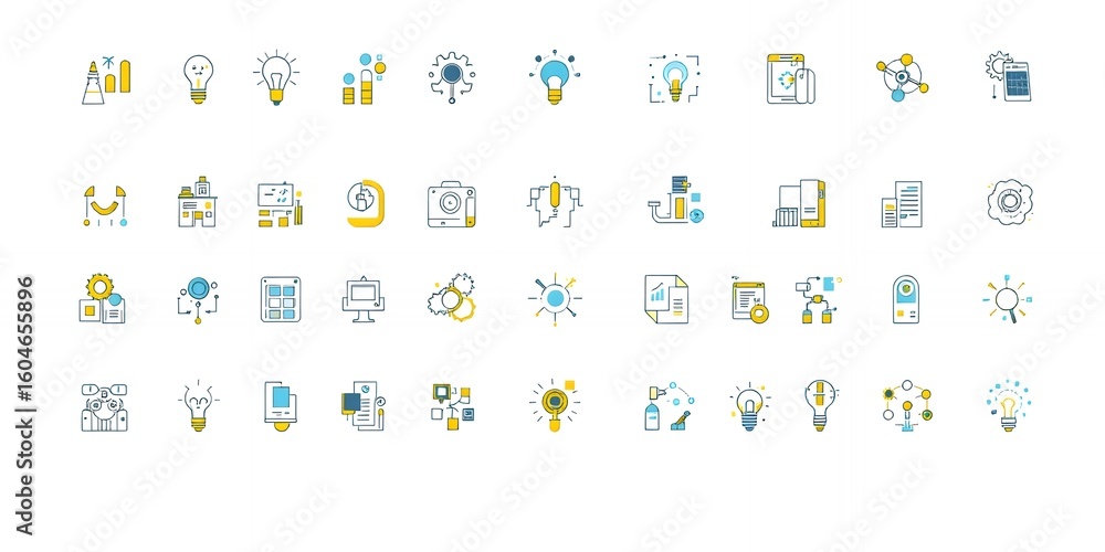 Poster collection of flat design icons representing concepts like ideas innovation technology data analysis