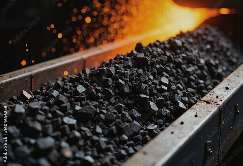 Poster iron ore stockpile with conveyor belt loading system in action