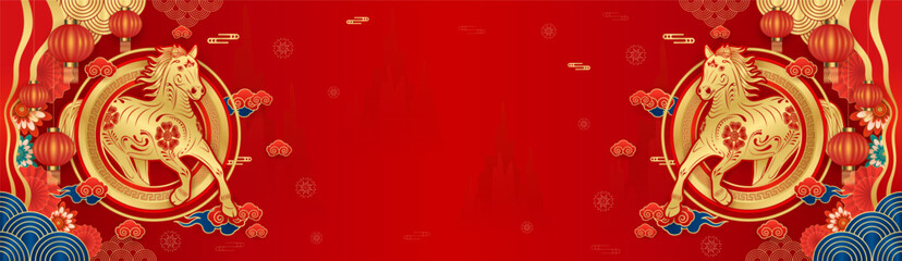 Happy Chinese New Year. Horse zodiac sign on red background. Asian elements with craft paper cut style lantern flower clouds. Banner with empty space for text. Vector EPS10.