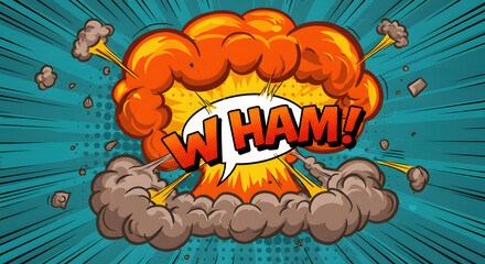 Vibrant comic book explosion illustration featuring bold text and dynamic burst effect