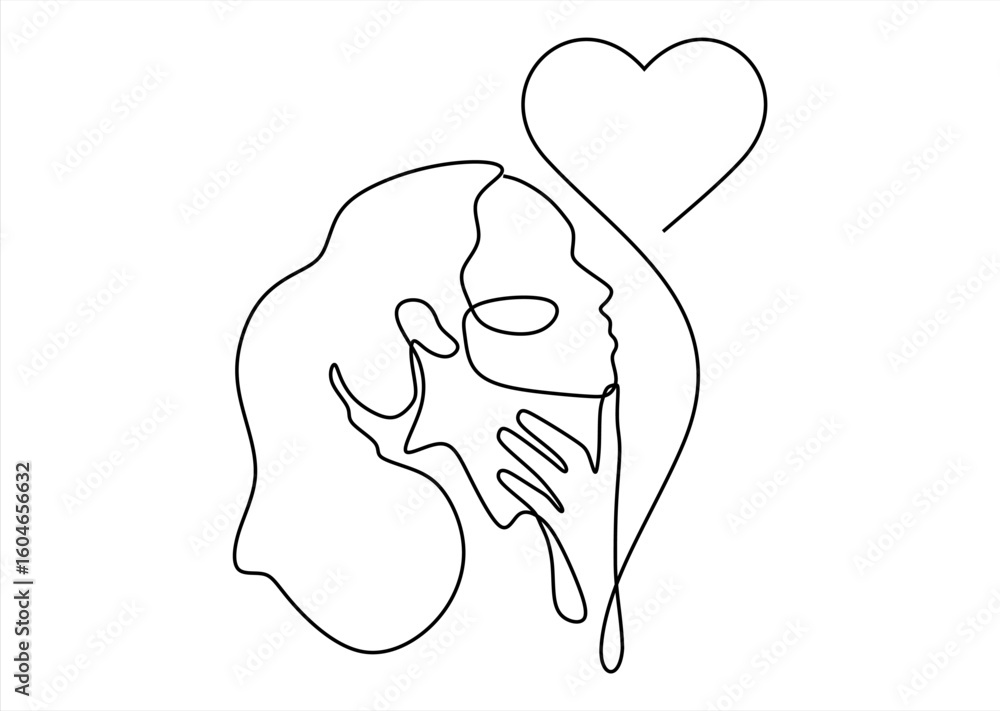 Poster minimalistic line art depicting a female profile with delicate flowing lines and a heart shape. line