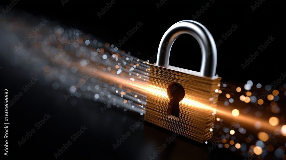 Poster a glowing padlock with light streaks and digital particles symbolizes cybersecurity and data protect