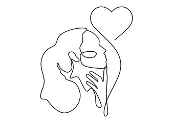 Minimalistic line art depicting a female profile with delicate flowing lines and a heart shape. line icon-continuous line drawing. Editable stroke. 