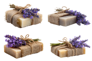 Four handmade soaps wrapped in burlap and lavender sprigs for a rustic spa experience isolated on transparent background