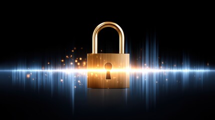 A glowing padlock with digital light waves and particles, symbolizing cybersecurity and data protection in a futuristic, high-tech environment.