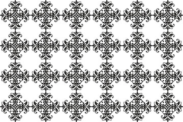 Intricate black and white damask pattern with repeating ornate floral motifs