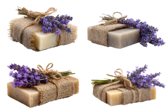 Four handmade soaps wrapped in burlap and lavender sprigs for a rustic spa experience isolated on transparent background - Powered by Adobe