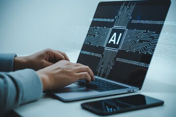 Person typing on a laptop displaying an artificial intelligence graphic
