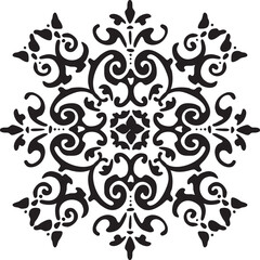 Intricate black ornamental snowflake design with swirling patterns and floral elements