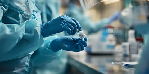 "Scientist in Laboratory Holding Vaccine Bottle", "Researcher Handling Vaccine Bottle in Medical Lab", "Scientist with Blue Gloves Holding Vaccine Vial in Laboratory"
