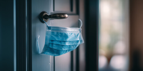 "Close-Up of Surgical Mask Hanging on Door Handle", "Face Mask Hanging on Door in Home Setting", "Disposable Face Mask on Doorknob in Living Room"
