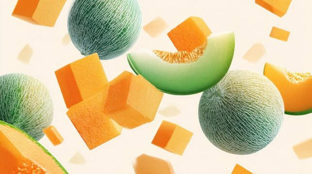Cantaloupe and honeydew melon cubes and slices in mid-air
