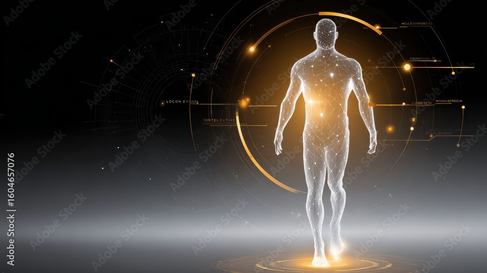 Poster a futuristic digital human figure surrounded by glowing data points and circular interface elements,