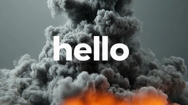 Large white hello text displayed in front of swirling dark smoke clouds with a soft fire glow at the bottom, on a neutral background
