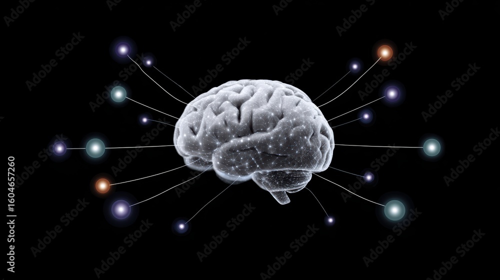 Poster a glowing digital brain with connected nodes, symbolizing neural networks, intelligence, and data fl