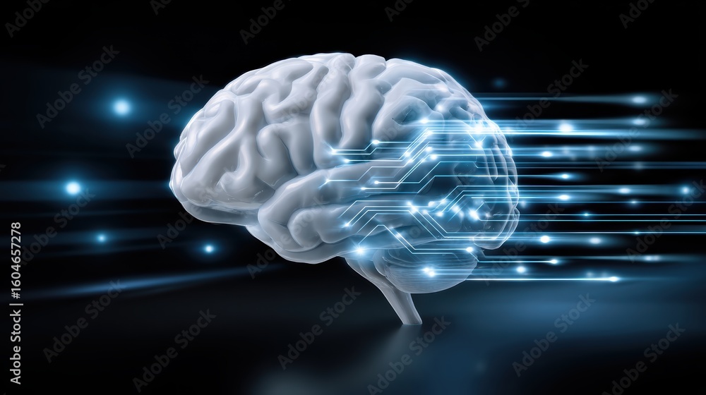 Poster a digital brain illustration with glowing circuit lines symbolizes artificial intelligence and neura