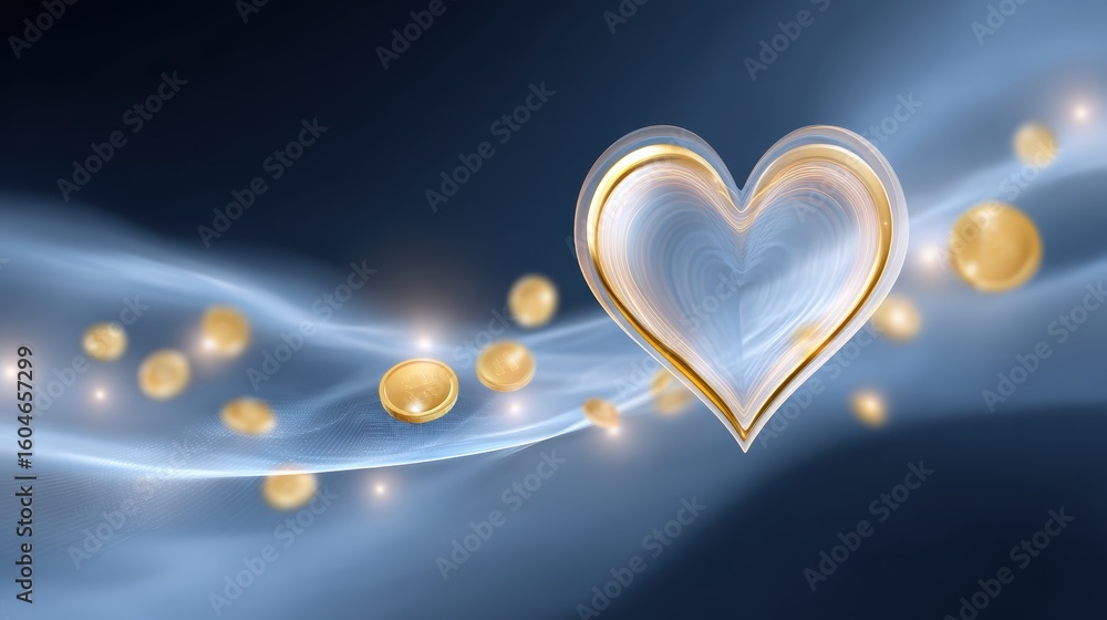 Poster a glowing heart shape with gold orbs floating on a light blue, wave-like background, creating a drea