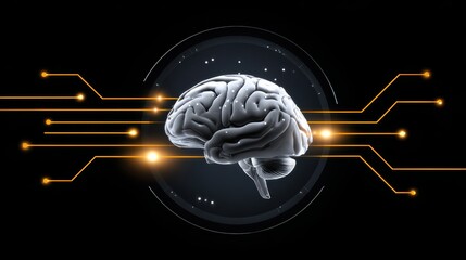 A futuristic digital brain connected to glowing circuit lines, symbolizing artificial intelligence and neural networks in a high-tech environment.