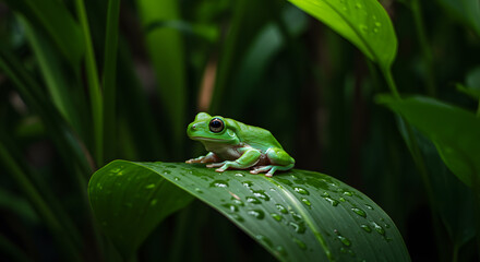 A vibrant green tree frog perched gracefully on a leaf in a lush green environment