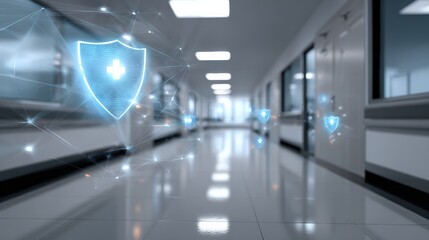 A futuristic hospital corridor with glowing digital shields symbolizing protection and healthcare technology.