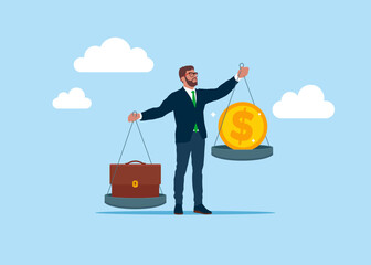 Businessman as a scale. Business success. Money on the scale. How much does the job cost, portfolio, equal pay, fair pay. Flat vector illustration 
