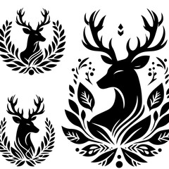 Elegant Black Silhouette Deer with Laurel Wreath Design.