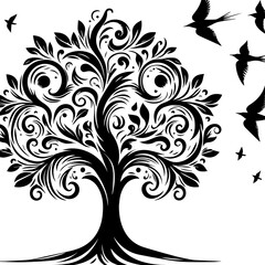 Obraz premium Ornate Black Tree with Flying Birds Silhouette.