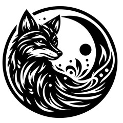 Fototapeta premium Stylized Black and White Fox in Circular Design.