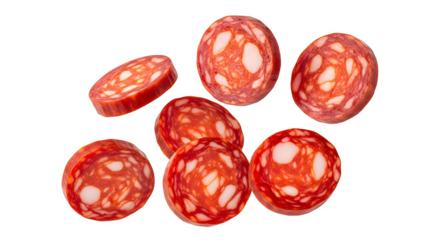 A group of sliced pepperoni circles on a black background view    .ai generative, transparent background, white background. isolated on white background