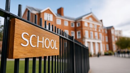 Obraz premium Traditional School Building with Wooden School Sign Surrounded by Greenery