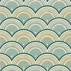Seamless Japanese Wave Pattern with Concentric Circles, Retro Art Deco Style, EPS Vector