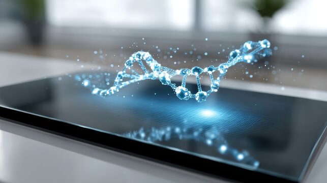 A digital 3D water-like DNA double helix floating above a sleek black surface in a modern, blurred background setting.