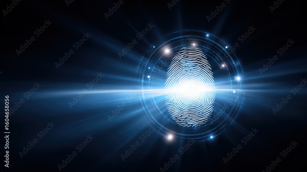 Poster a glowing fingerprint scan illuminated by blue light rays, symbolizing biometric security and digita