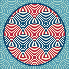 Seamless Japanese Wave Pattern with Concentric Circles, Retro Art Deco Style, EPS Vector