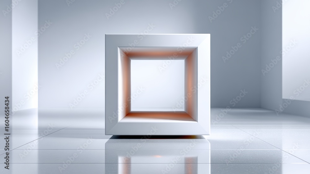 Poster a futuristic, minimalist white geometric cube with an empty center sits on a glossy tiled floor in a