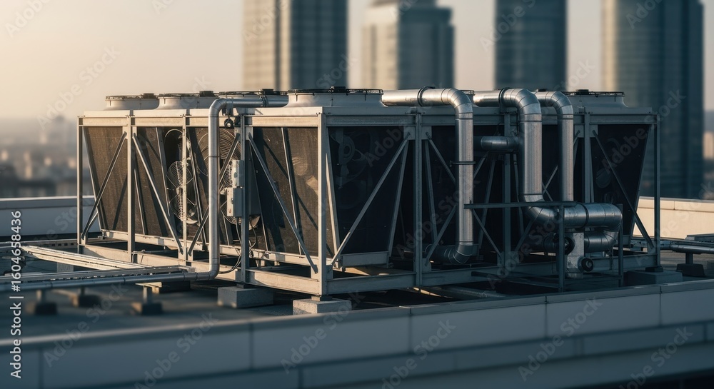 Poster steelframed condenser array on highrise building roof part of central cooling and ventilation system