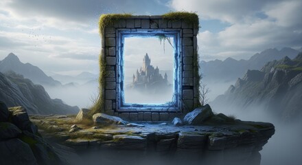 A magic stone portal on a cliff showing a fantasy castle in another world
