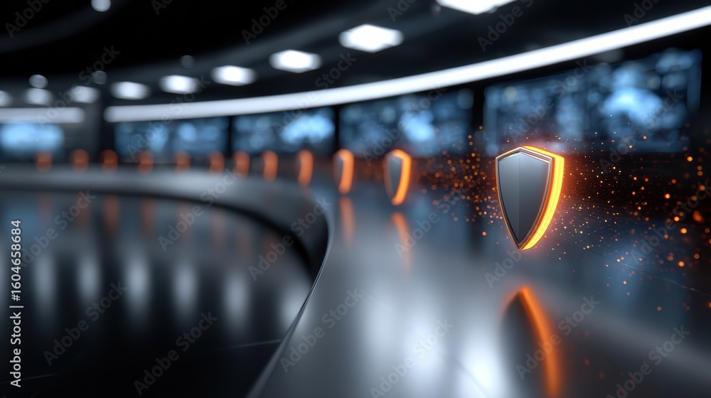 Poster futuristic digital shield icons with glowing orange edges floating in a sleek, curved, high-tech con